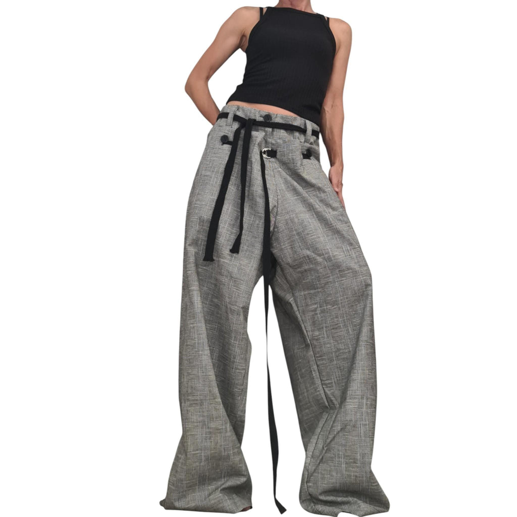 Grey Convertible Linen Pants for Women, 2 in 1 Avant Garde Wide Leg Trousers