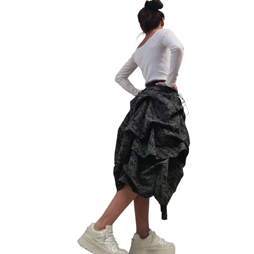 Asymmetric Maxi Skirt, Adjustable Length, Avant Garde Handmade, Balloon Silhouette ,Text Print, Knee Length