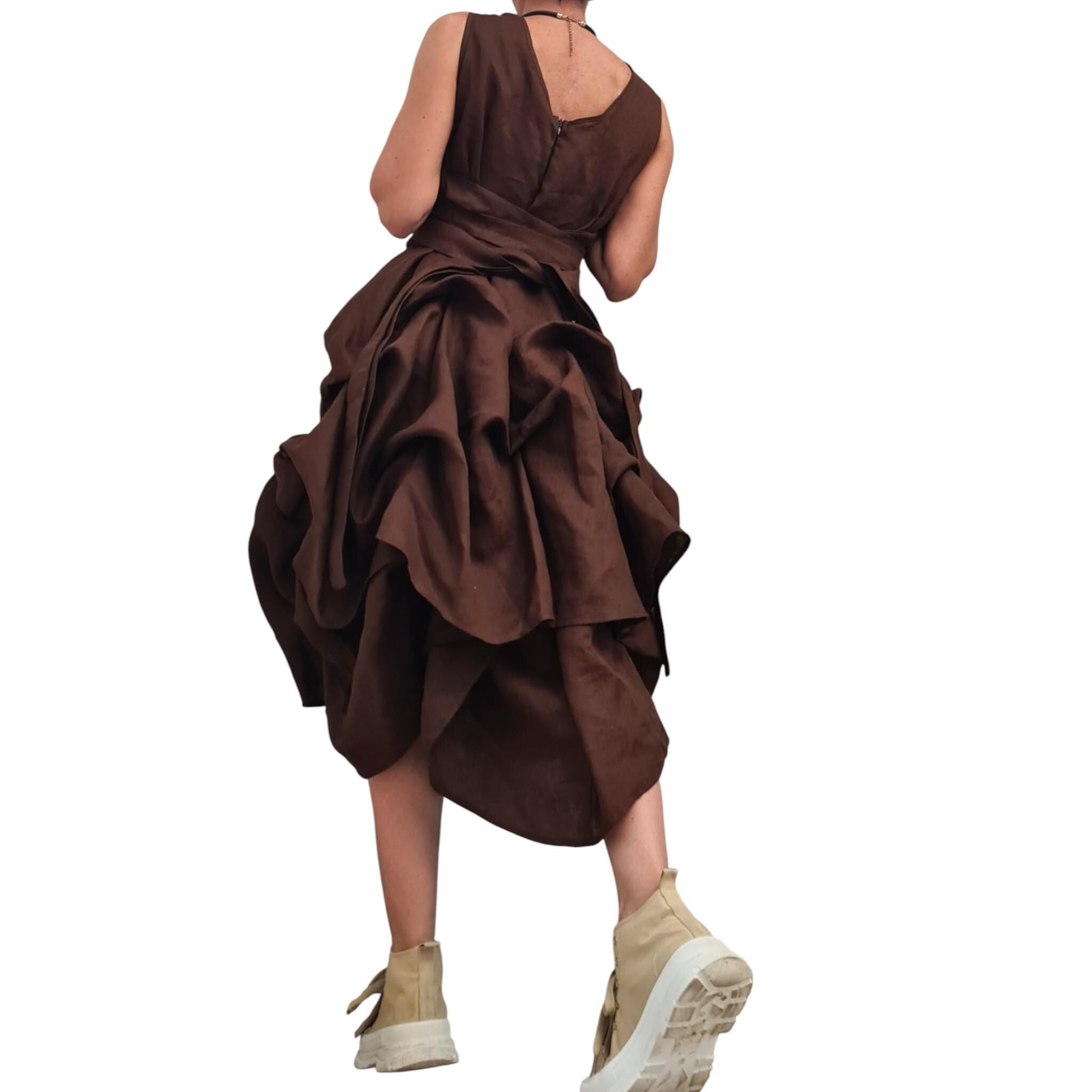 Brown Linen Sleeveless Dress for Women, Asymmetric Midi Shape, Adjustable Summer Linen Outfit