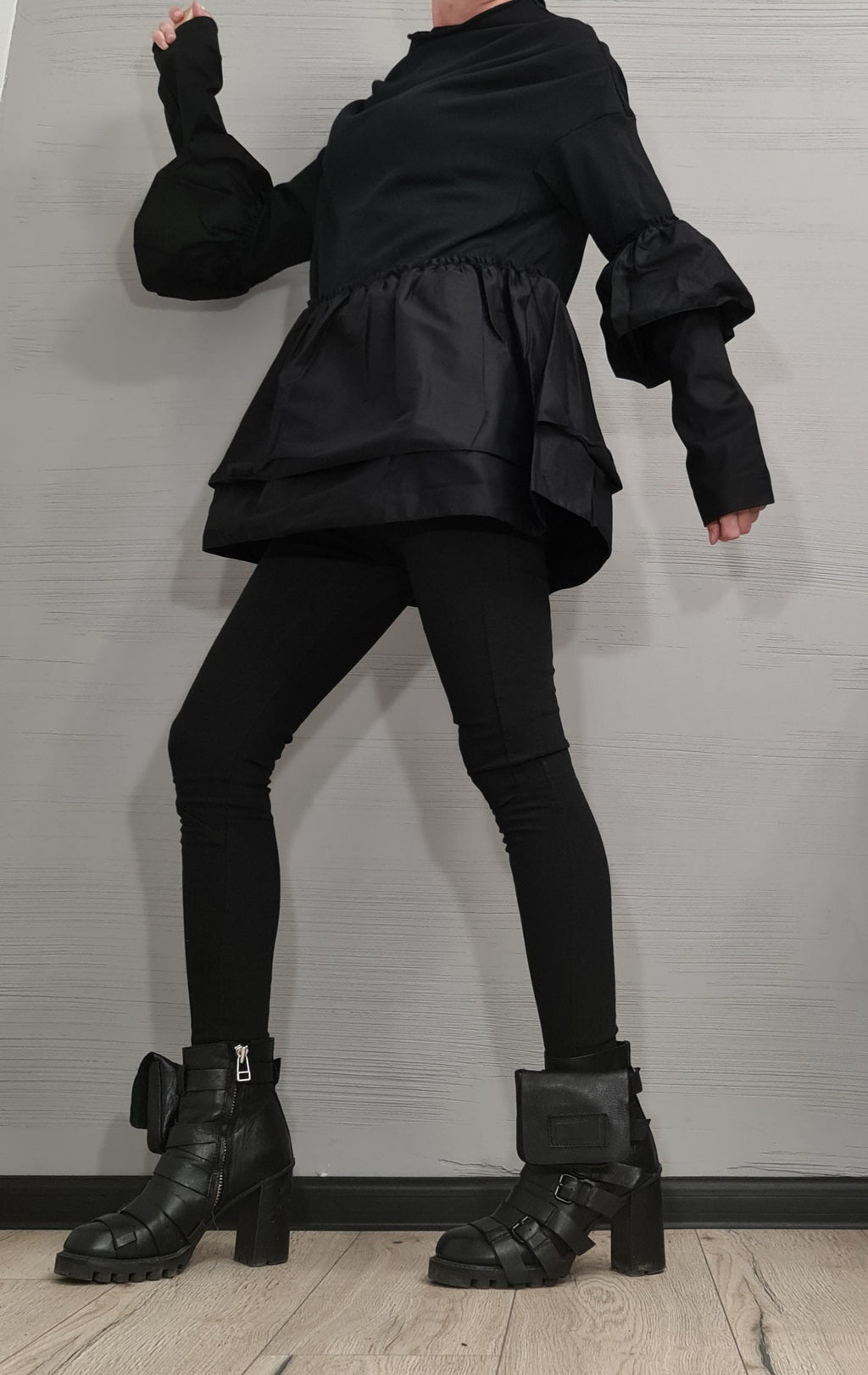 Black Oversize Cotton Blouse | Asymmetric Sleeves with Shirting Ruffles | fashion for women | architectural