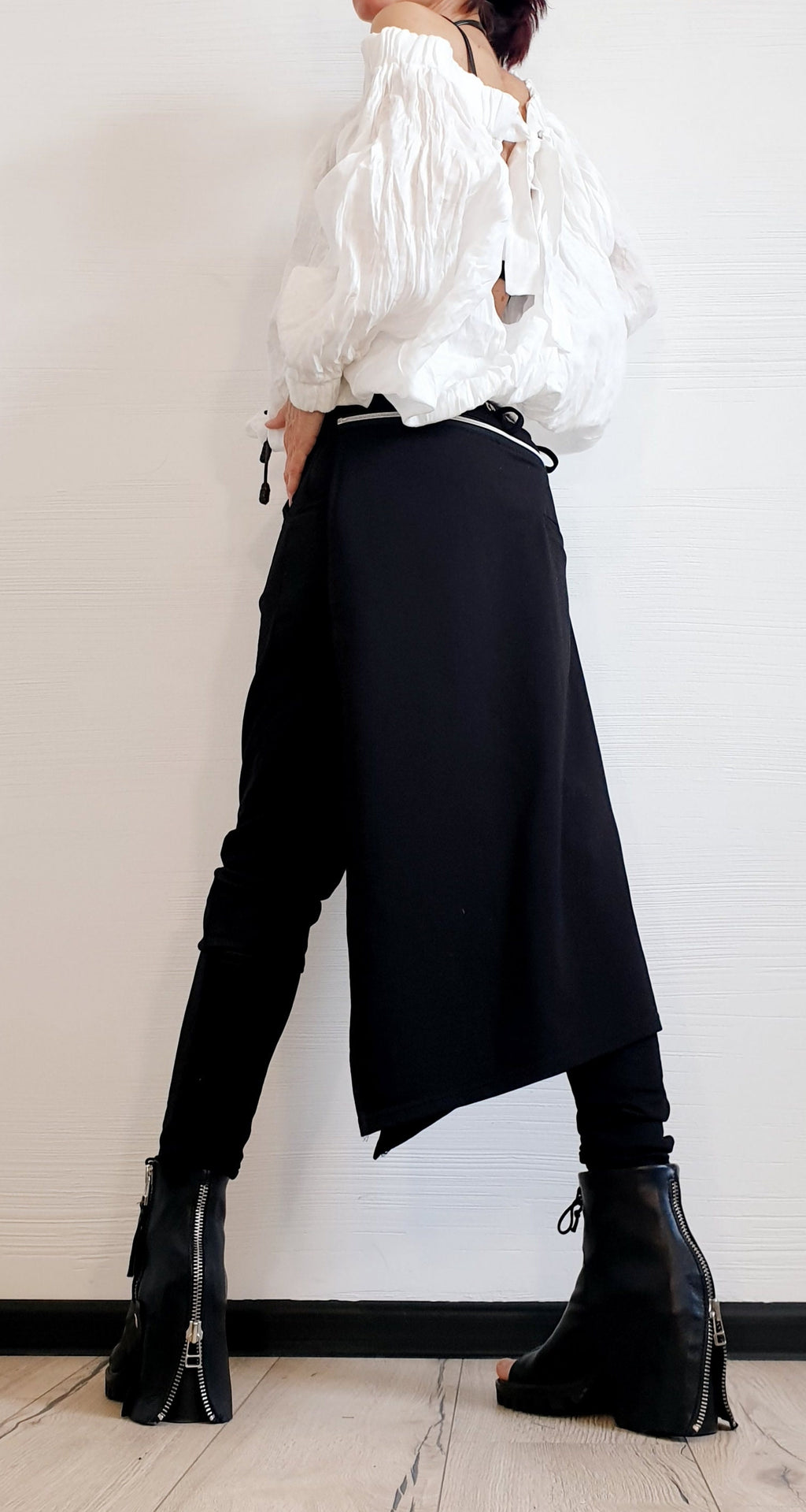 Black Asymmetric Cotton Pants, Skirt Overlay, Slim Leg