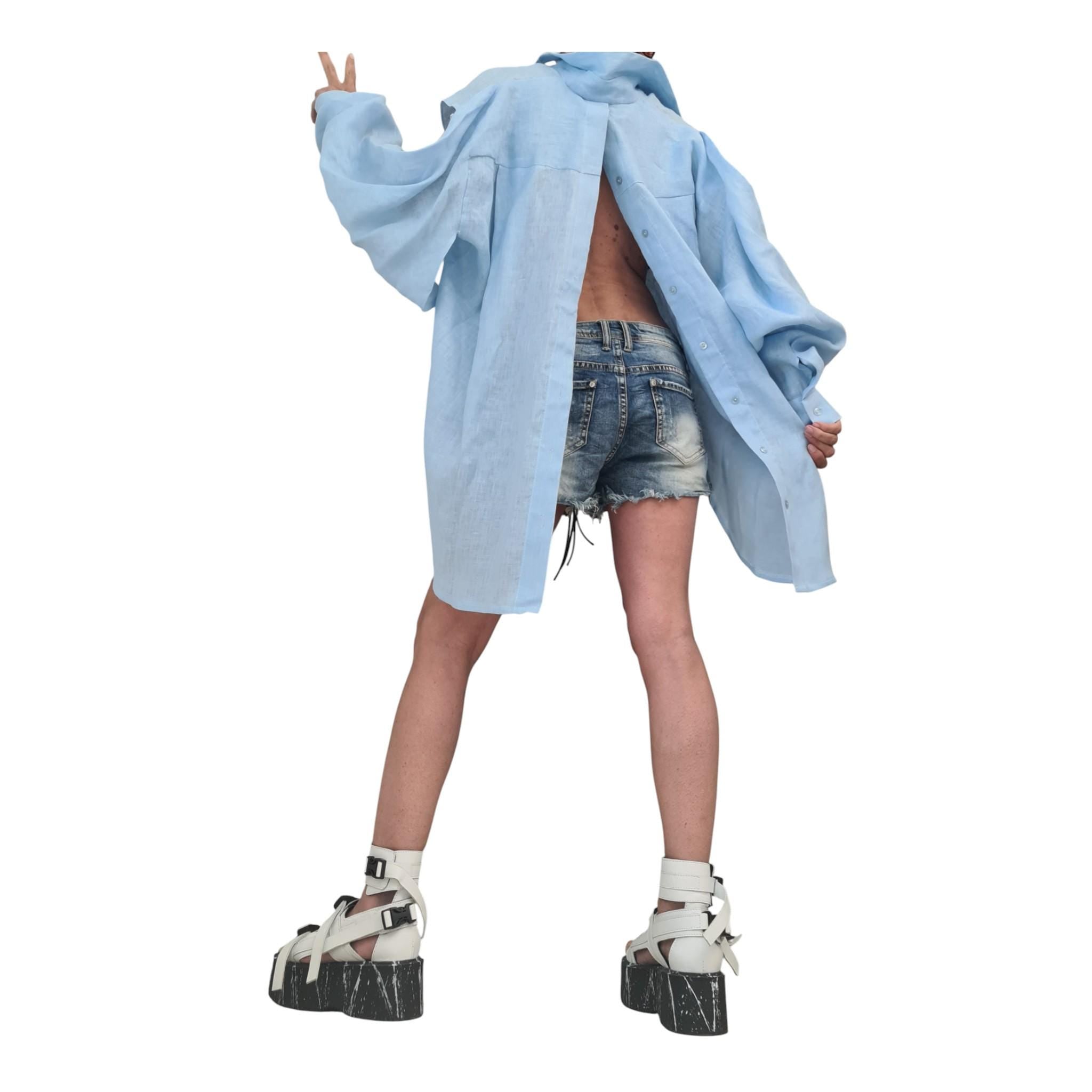 Baby Blue Linen Shirt, Open Back, Loose Summer Top Women