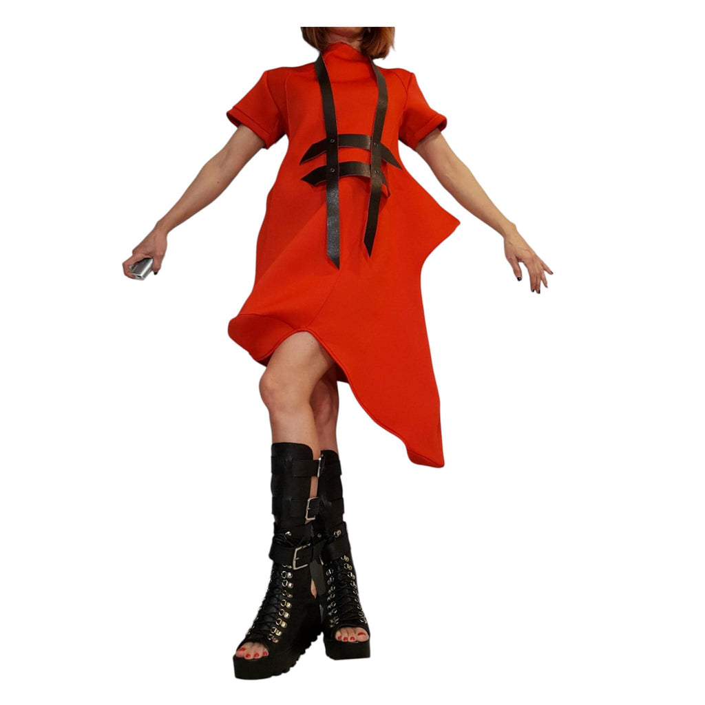 Red Asymmetric Tunic, Sculptural Neoprene Dress, Avant Garde Dress for Women