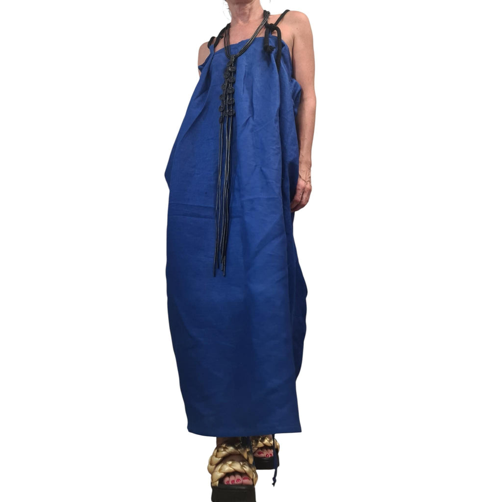 Royal Blue Linen Backless Dress with Adjustable Ties, Asymmetric Summer Maxi Tunic, Handmade Linen