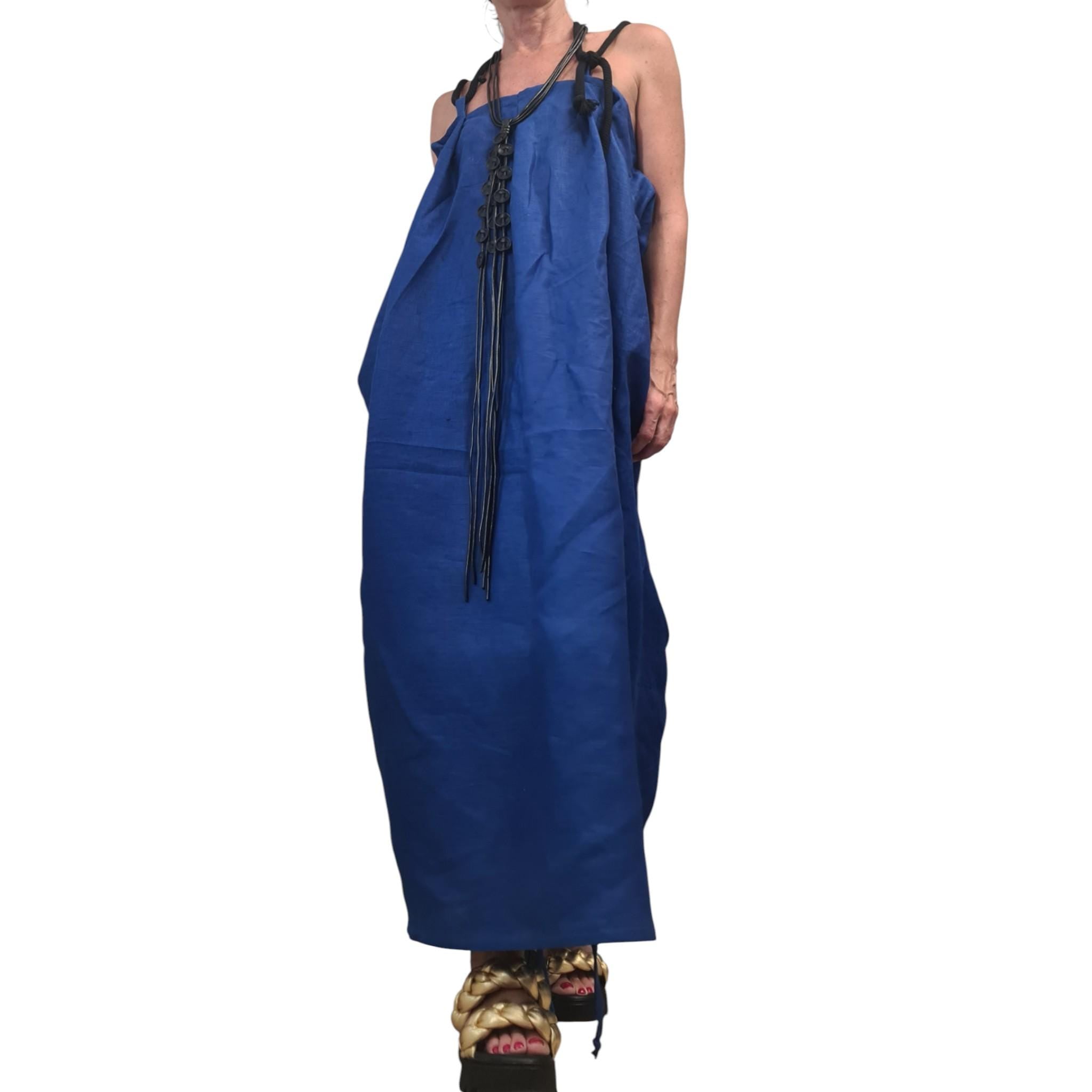 Royal Blue Linen Backless Dress with Adjustable Ties, Asymmetric Summer Maxi Tunic, Handmade Linen