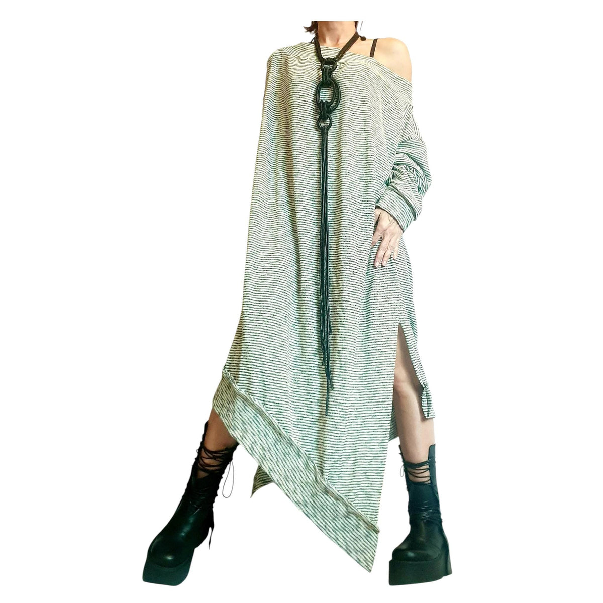 One Shoulder Maxi Dress: Striped Knit Oversize (Plus Size XS-5XL)