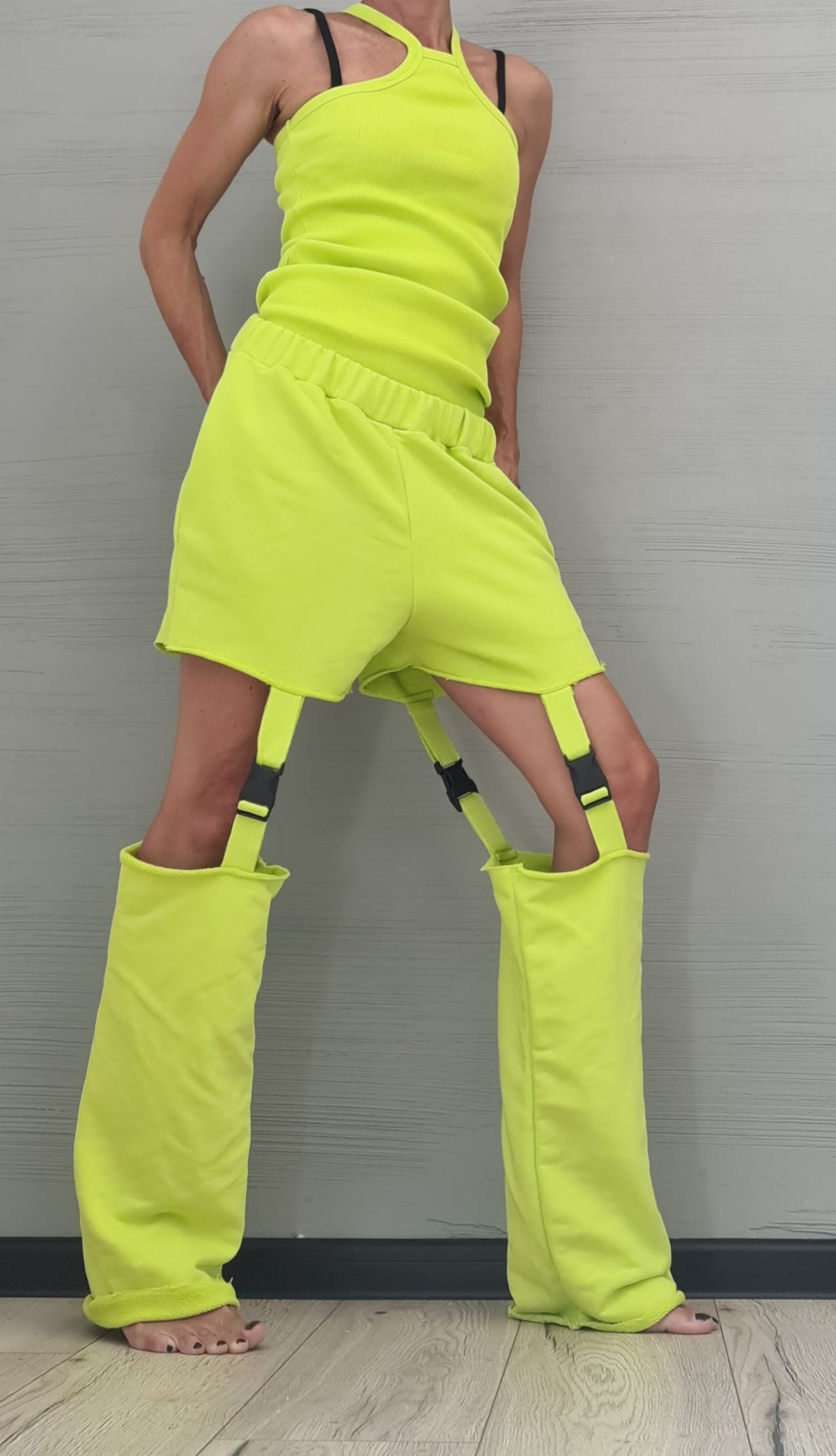 Lime Cotton Shorts, Detachable Pant Legs, Sleeveless Top, Convertible Two Piece Co-Ord Set