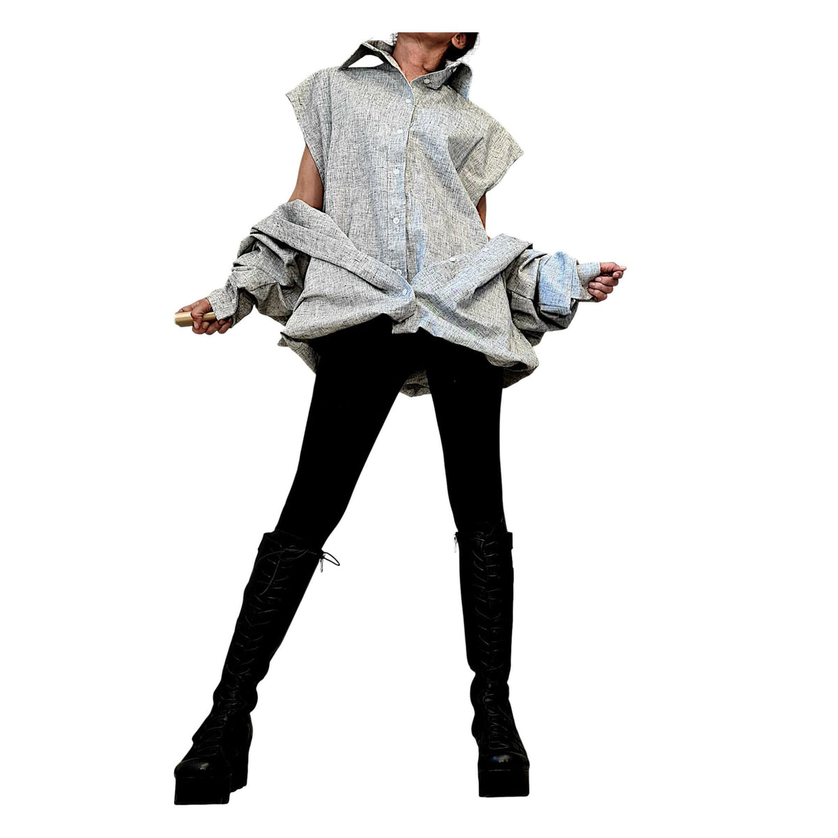 Grey Linen Tunic with Corset, Transformable Shirt Dress, Asymmetric Oversized Kaftan