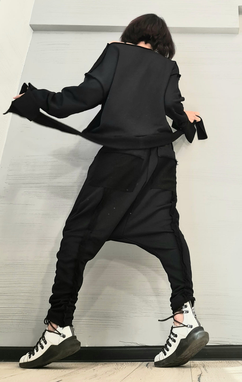 Black Cotton Drop Crotch Pants, Asymmetrical Blouse, Wide Cuffs,  Two-Piece French Terry Co-Ord Set