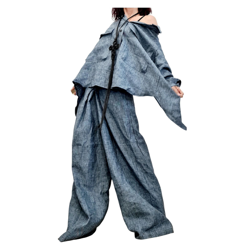 Denim Linen Shirt, Open Back Top, Asymmetric Off Shoulder Blouse, Avant Garde Style