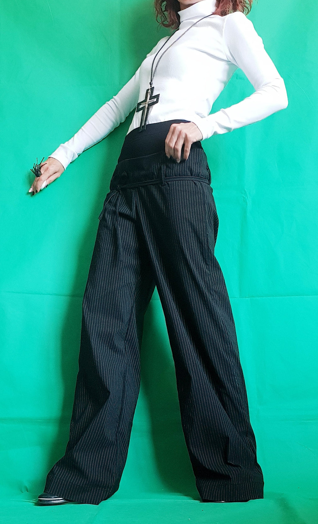 Black Pinstripe Baggy Pants, Double Waistband, Wide Leg Cotton Trousers, Drop Crotch