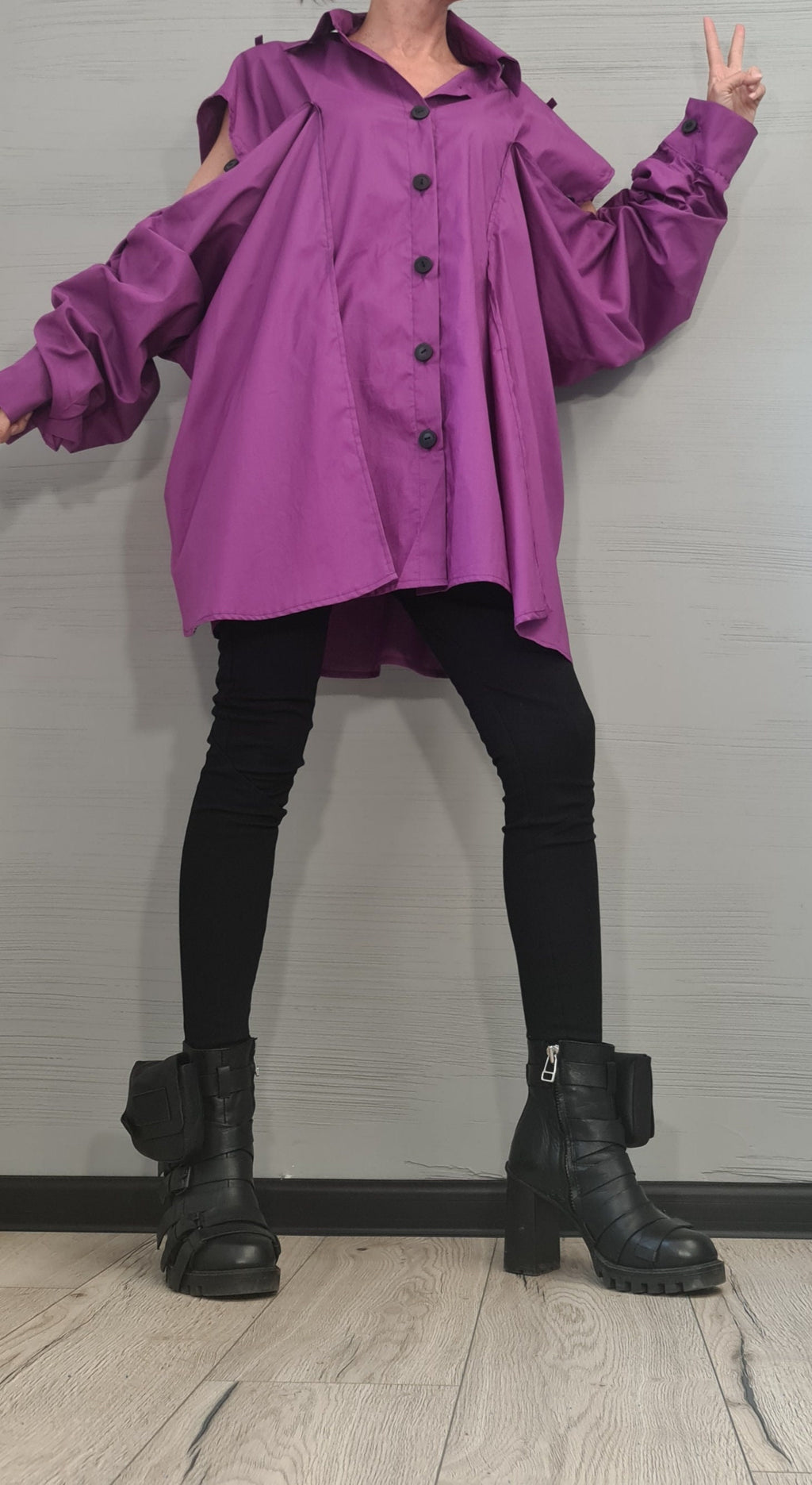 Purple Asymmetric Shirt, Cotton Loose Oversize Tunic