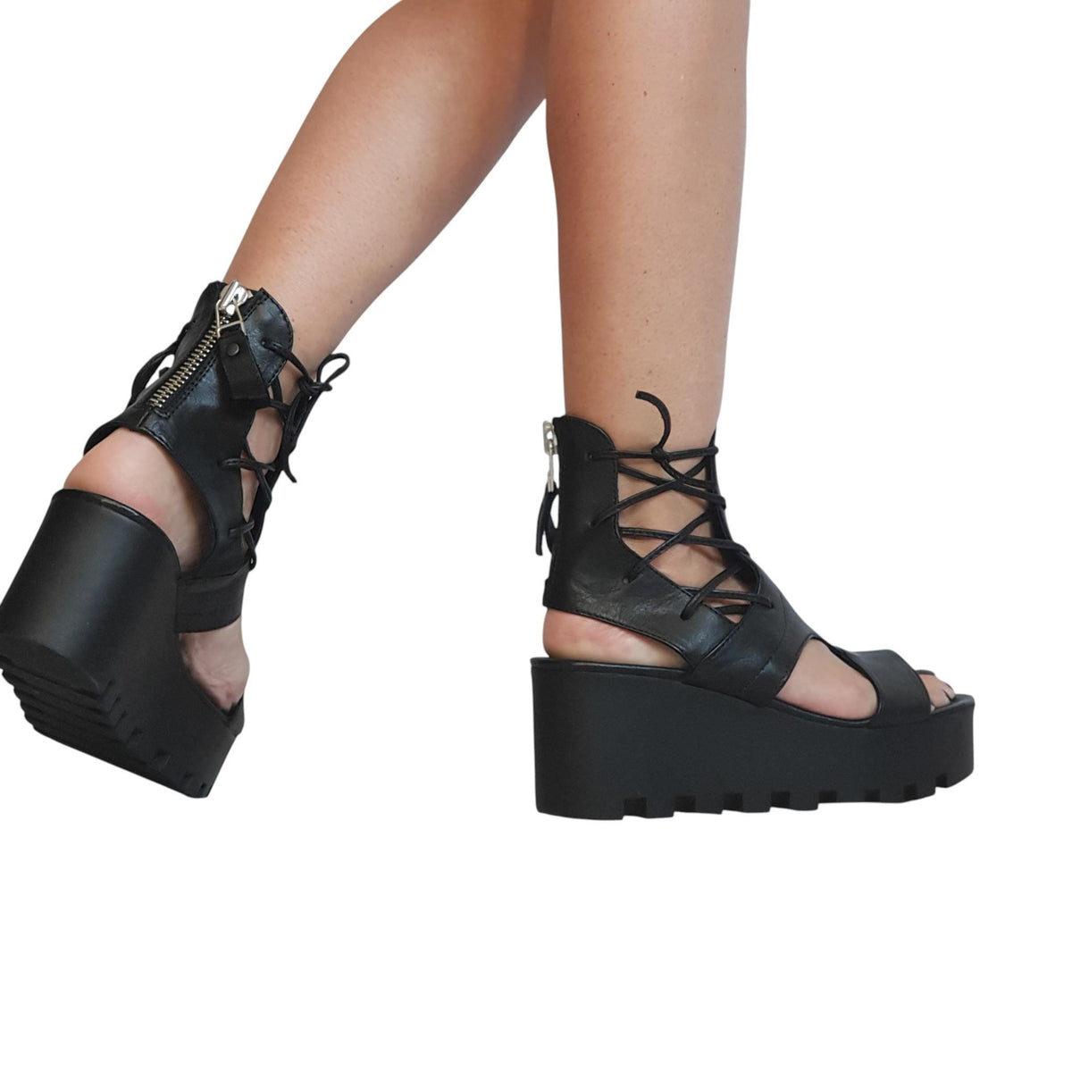 Black Leather Open Toe Platform Wedge Ankle Gladiator Sandals for Women Gothic Style