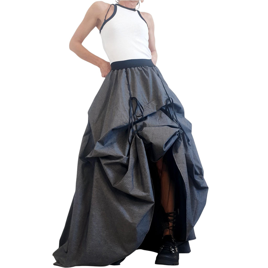 Dark Grey Cotton Sateen Maxi Skirt Dress, Adjustable Drawstrings, Layered Tulle, Convertible Design