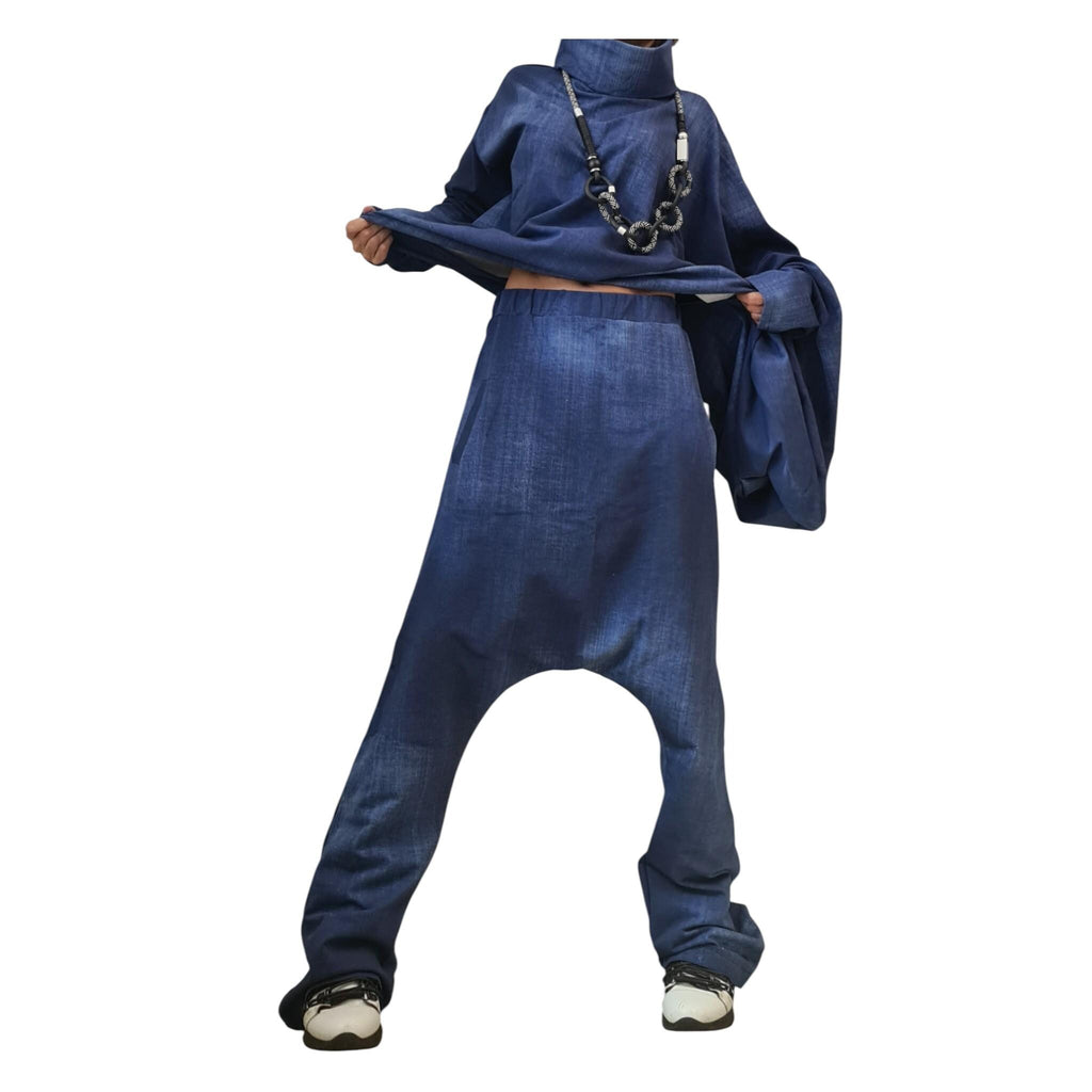 Plus Size Outfit Women, symmetric Sleeve Blouse, Harem Pants, Denim Look Cotton Fabric