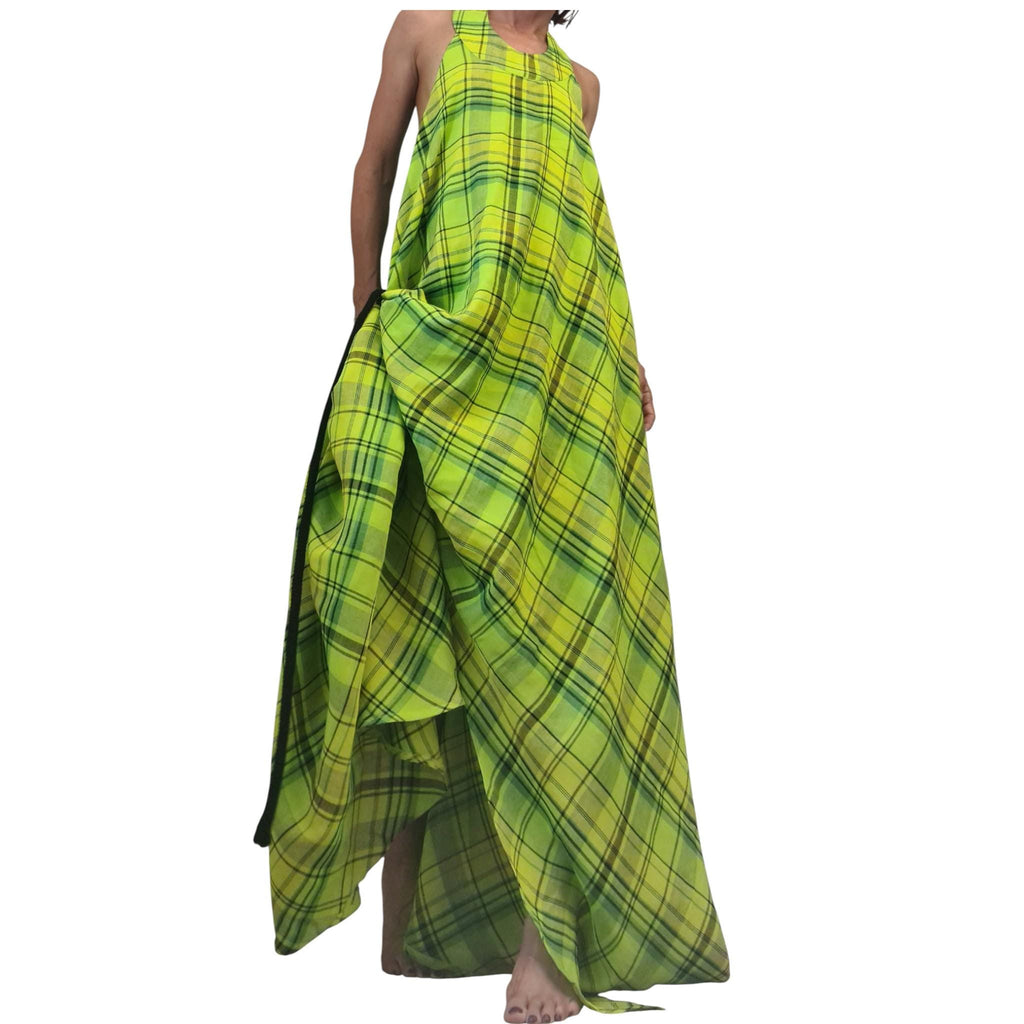 Lime Linen Asymmetric Dress for Women, Plaid Sleeveless Maxi Dress, Open Back Avant Garde