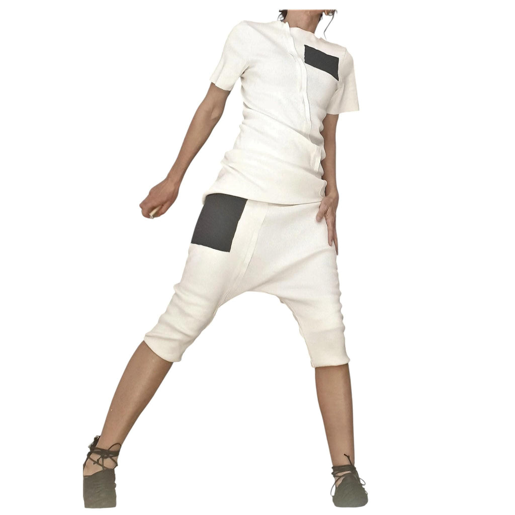Women’s White Cotton French Terry Co-Ord Set, Asymmetrical Blouse, Cropped Harem Pants