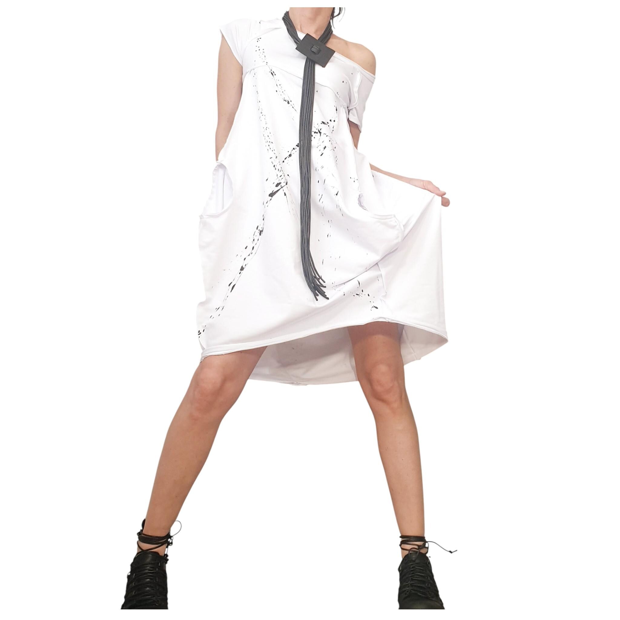 White French Terry Short Sleeve Dress, One Shoulder Oversized Tunic Dress, High Low Silhouette