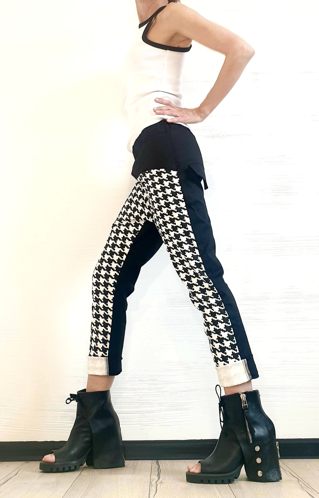 Houndstooth Panel Pants, Color Block, Slim Tapered Leg, Cotton Trousers