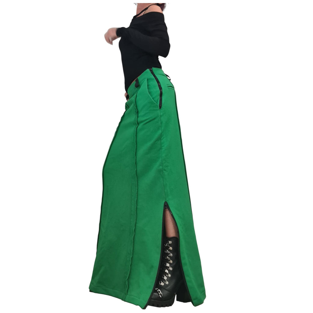 Green Long Slit Skirt, Cotton A Line Skirt, Avant Garde Style