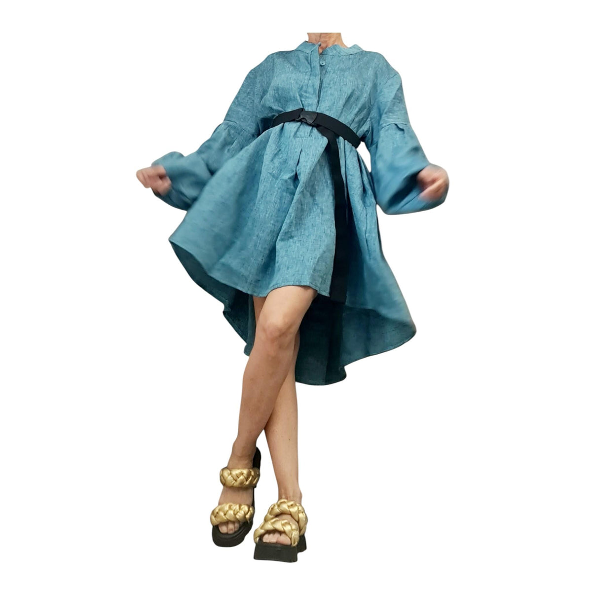 Turquoise Linen Dress for Women, Handmade Clothing, Oversized Asymmetrical Tunic, Balloon Sleeves