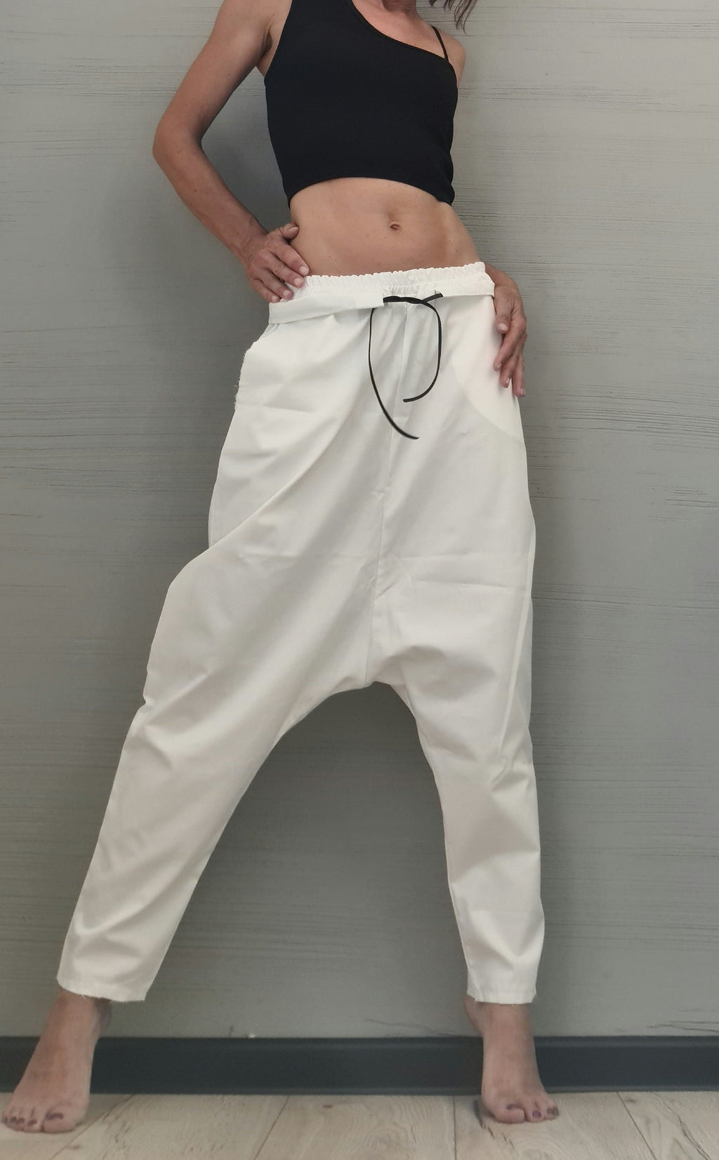 White Cotton Harem Trousers, Drop Crotch Pants