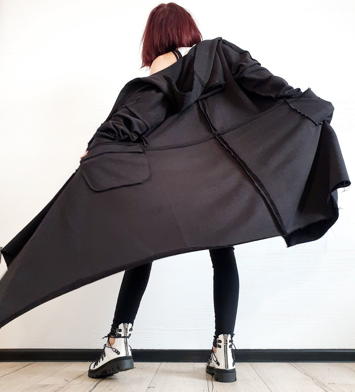Black Asymmetric Cotton Sweatshirt, Long Hooded Oversized Jacket, Plus Size Coat, Exposed Seams