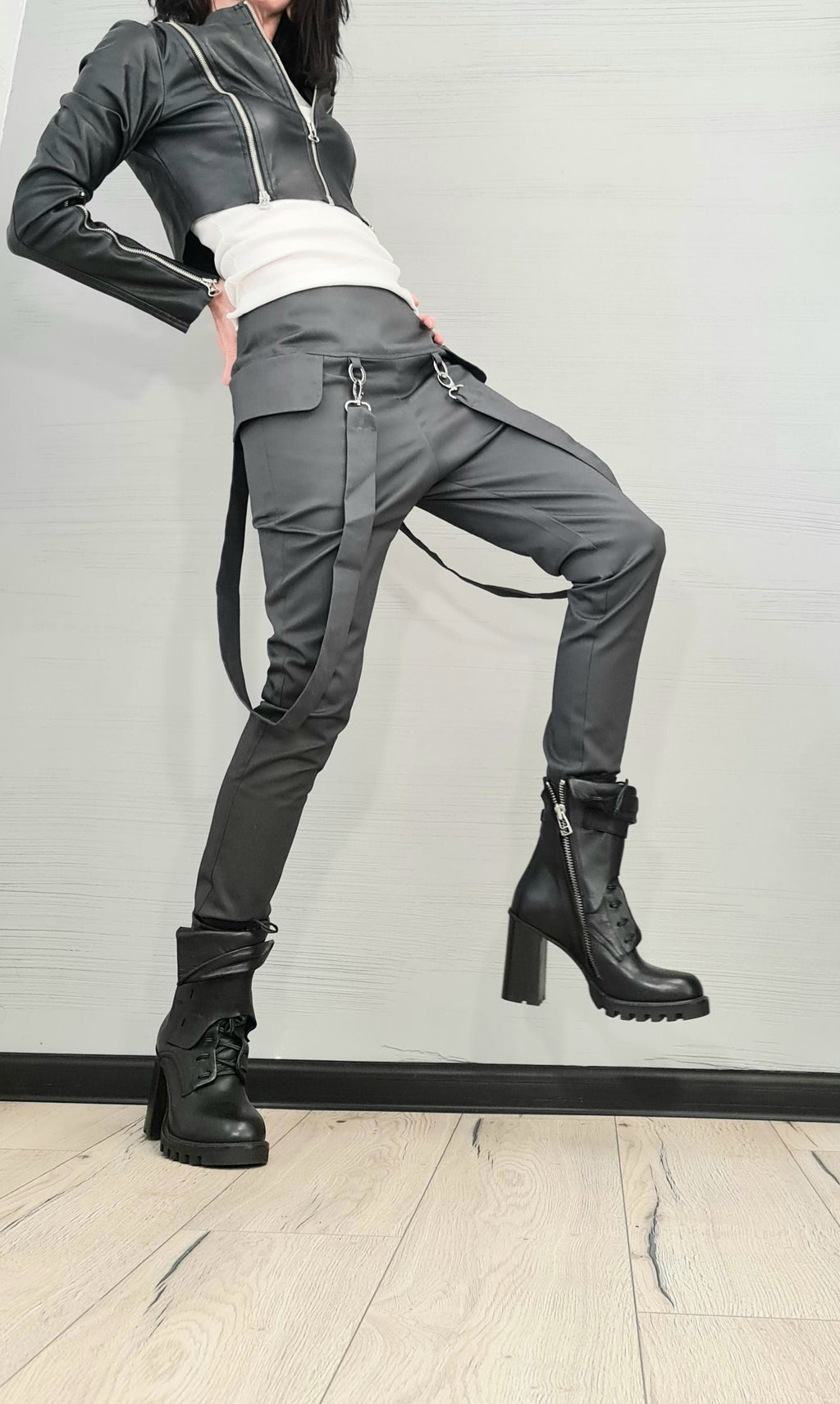 Gray Drop Crotch Pants, Side Leg Pockets, Hanging Straps
