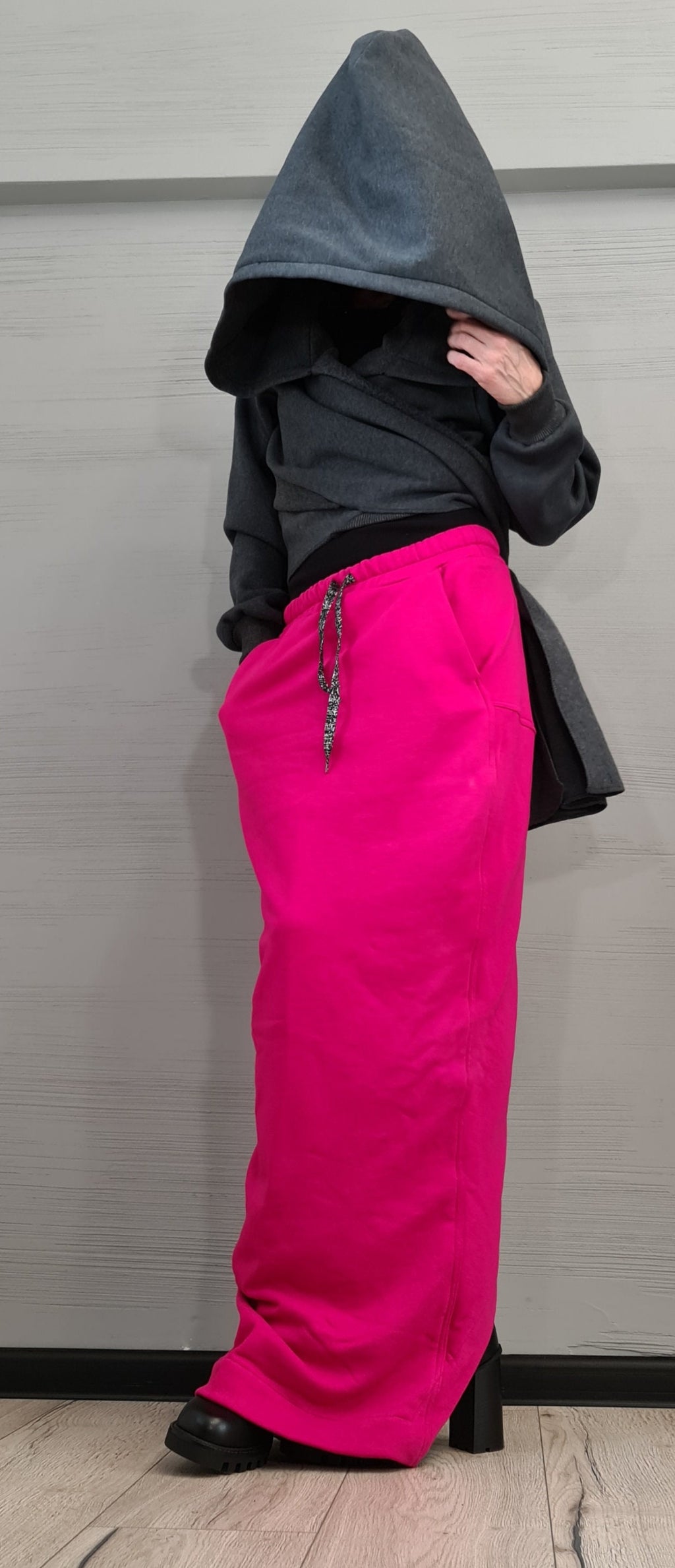 Hot Pink Hooded Asymmetric Sweatshirt, Cropped Wrap Jacket, Long Front Tie Cardigan