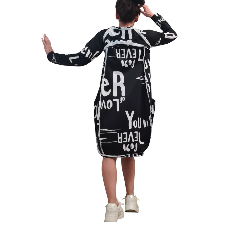 Asymmetric Graphic Dress, Long Sleeves, Knee Length Balloon Shape, Black White, Fashion for Women