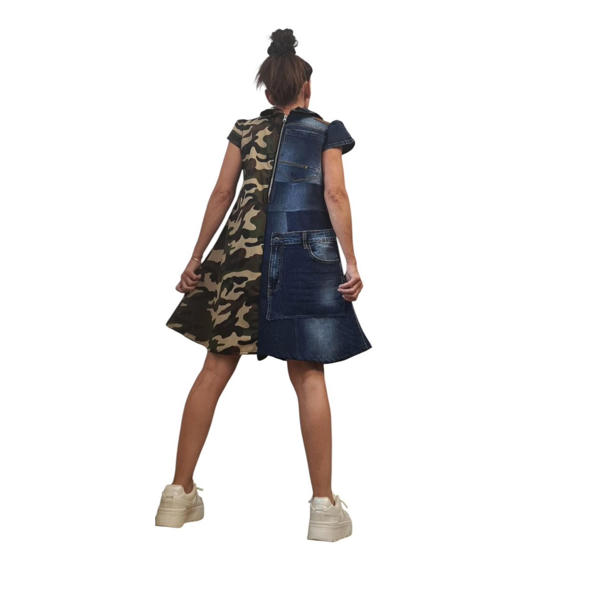 Denim Camouflage Dress, Avant Garde Military Style, Asymmetrical Cotton Outfit, Women’s Fashion