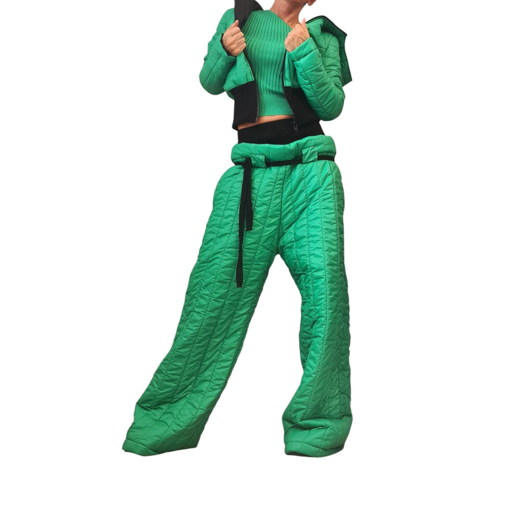 Green Quilted Pants, Wide Leg High Waist Trousers