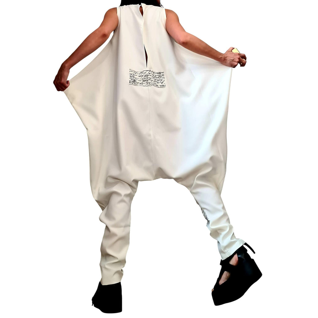 White Asymmetric Wide Leg Jumpsuit, Sleeveless Overall, Plus Size Clothing, Loose Fit Outfit