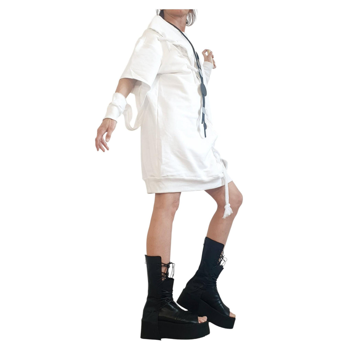 White Plus Size Dress, Bubble Blouson, Asymmetric Loose Cotton Tunic