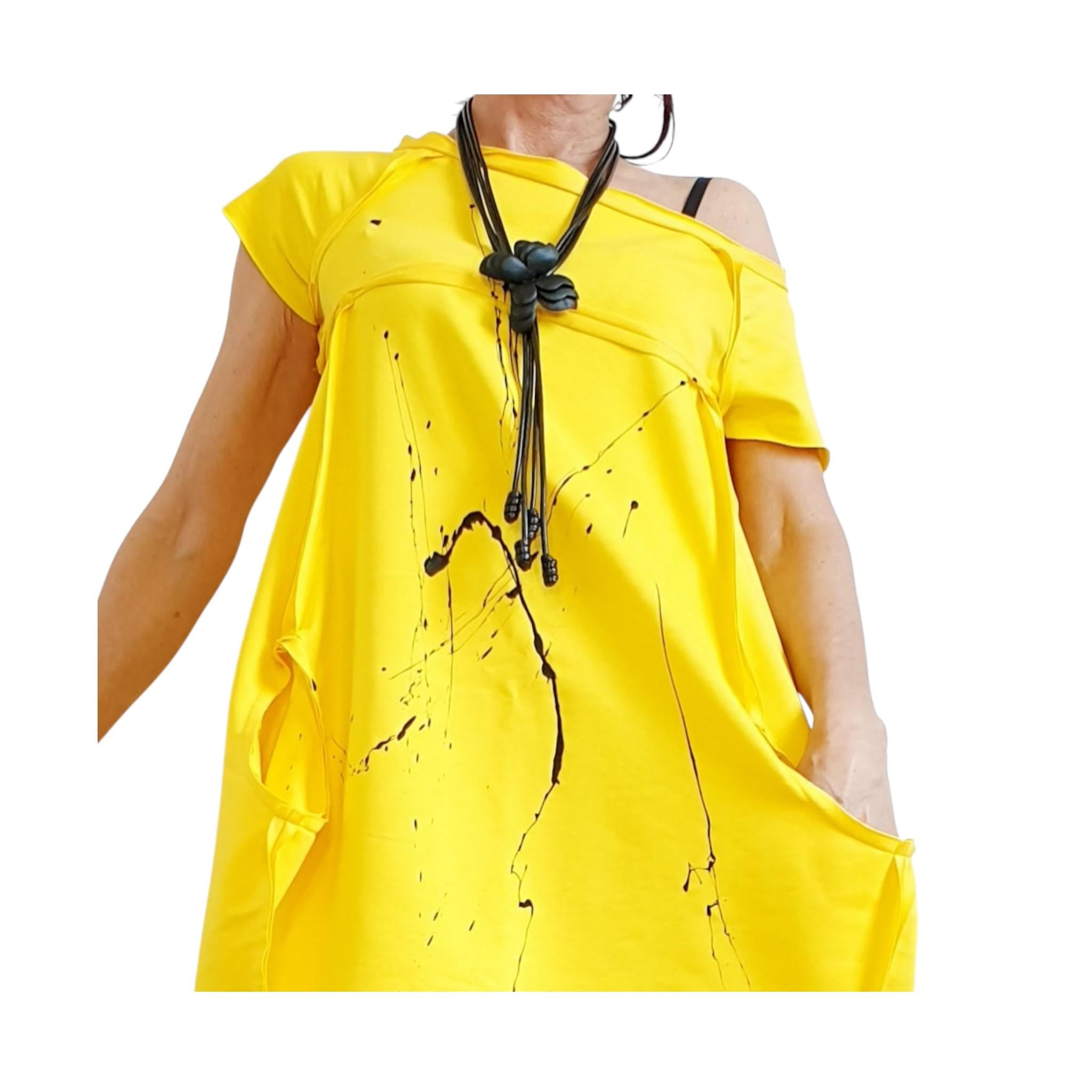 Yellow French Terry One Shoulder Dress for Women, Oversized Asymmetric Tunic Dress