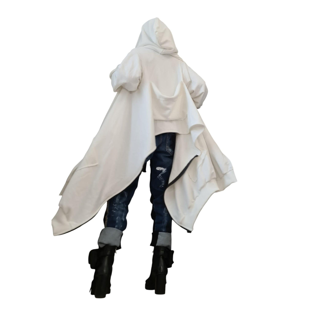 White Asymmetric Hooded Sweatshirt, Oversized Cotton Jacket, Longline Zip Up Hoodie