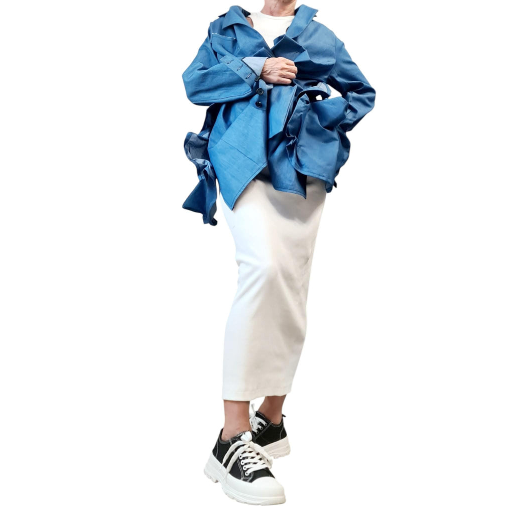 Asymmetric Ruffled Denim Jacket | Avant Garde Oversized Artistic Sculptural Outerwear | DDP USA
