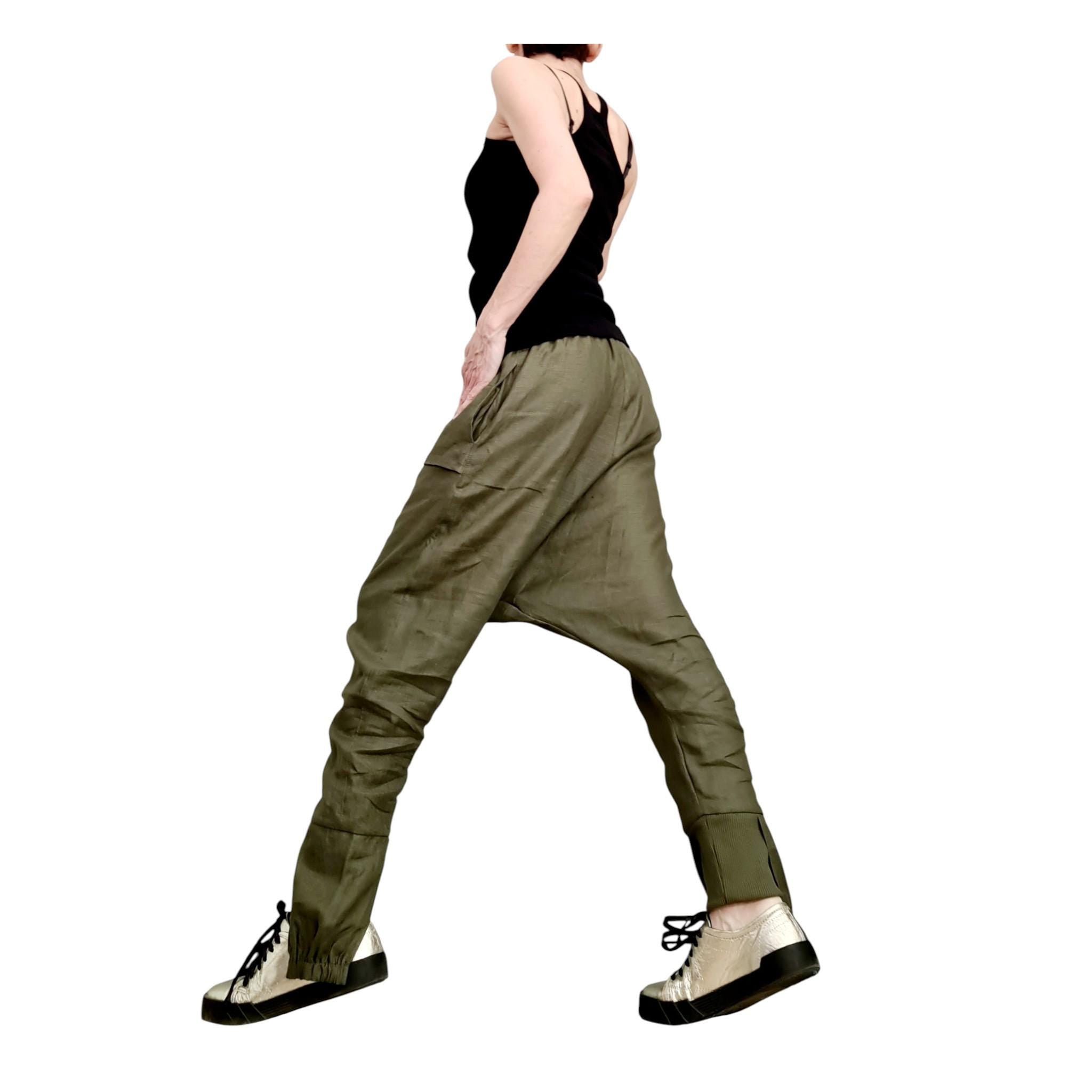 Military Green Linen Pants for Women, Drop Crotch Summer Trousers, Handmade Casual Urban Outfit