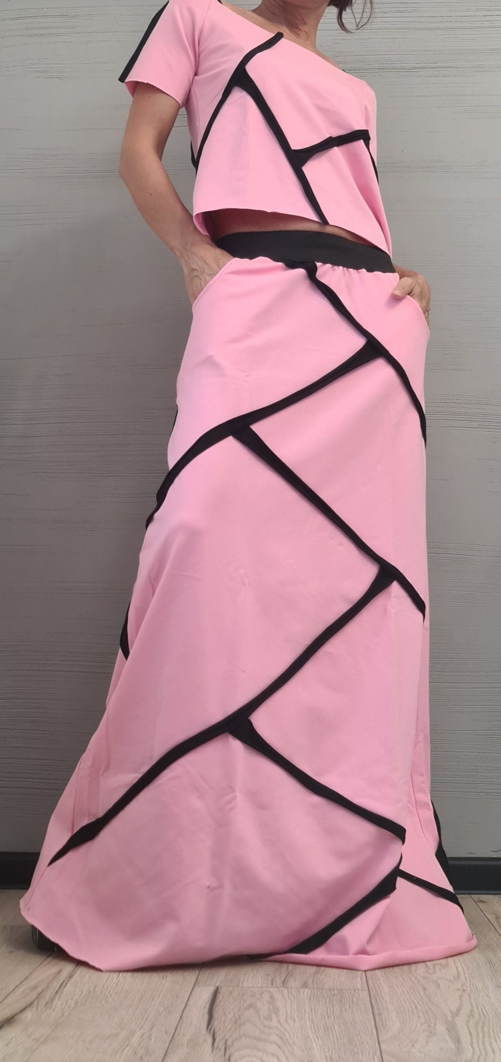 Pink Cotton High Waist Maxi Skirt, Asymmetrical Cropped Blouse, Contrast Trim, Two-Piece Co-Ord Set