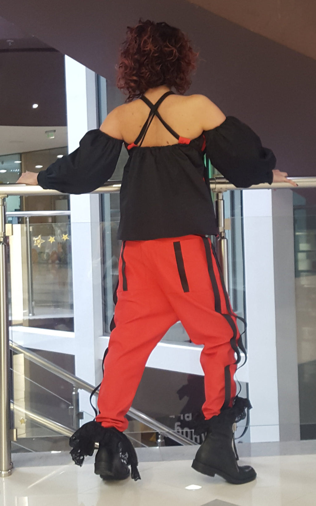 Red Cotton Co-Ord Set, Drop Crotch Pants, Black Cold Shoulder Batwing Blouse