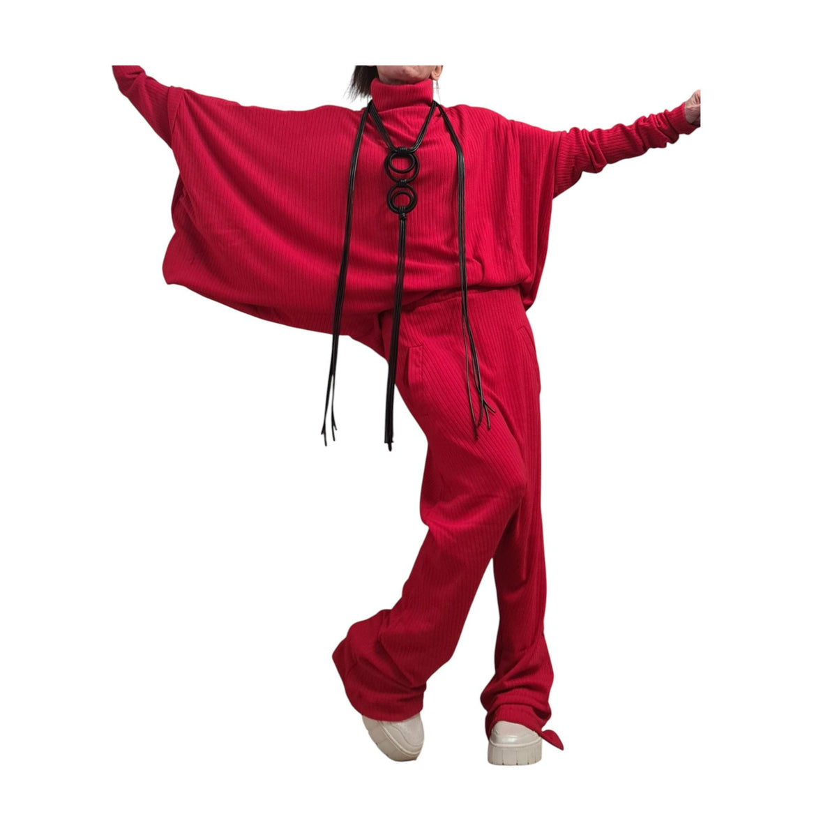 Red Knit Straight Leg Pants, Asymmetrical Batwing Turtleneck Top, Two-Piece Co-Ord Set, Plus Size