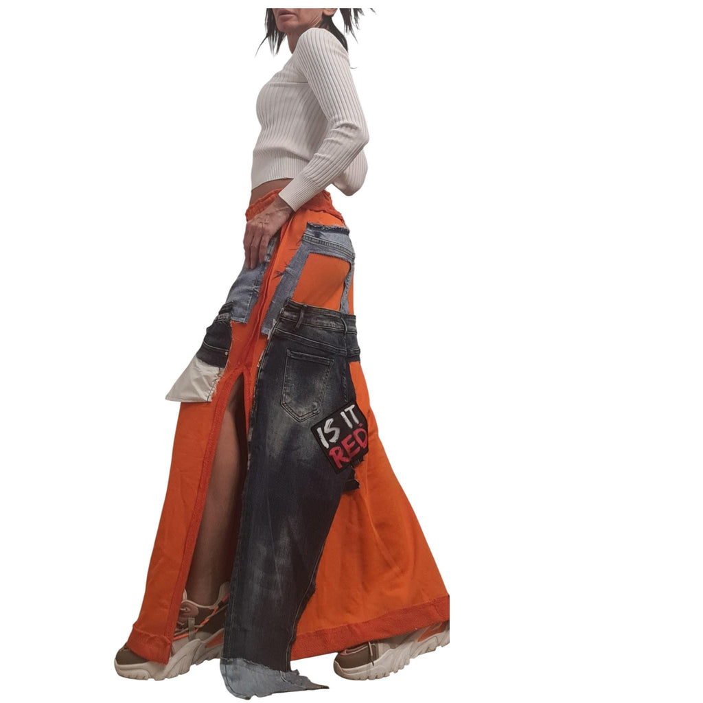 Fuchsia Maxi Skirt Cotton with Denim Details, Hot Pink Long Avant Garde Skirt