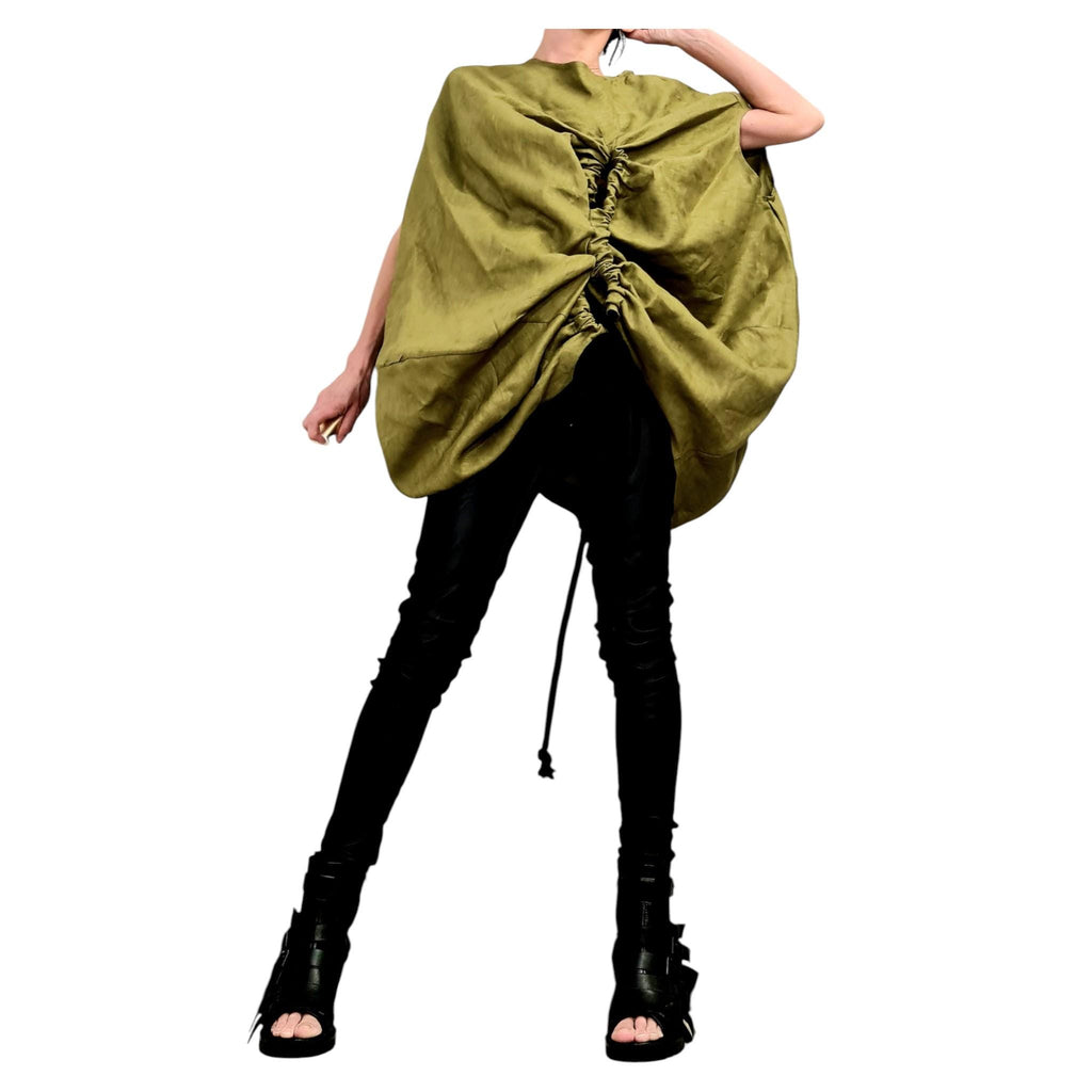Military Green Linen Tunic, Asymmetric Oversize Top, Adjustable Ruched Kaftan, Plus Size Clothing