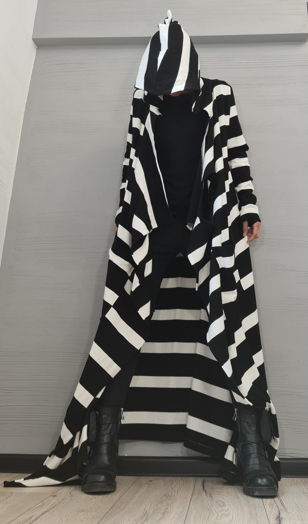 Black Striped Knitted Hooded Vest, Gothic Long Cardigan, Plus Size Top