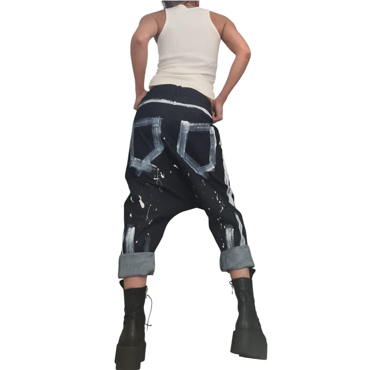 Painted Denim Harem Pants, Boho Baggy Unisex Jeans