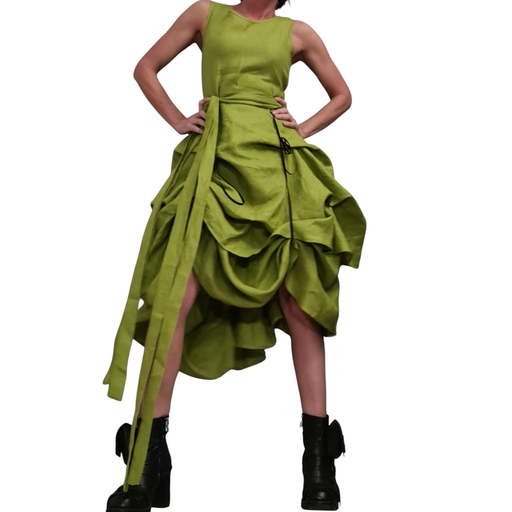 Lime Linen Asymmetric Dress for Women, Sleeveless Layered Midi Dress, Adjustable Avant garde Skirt