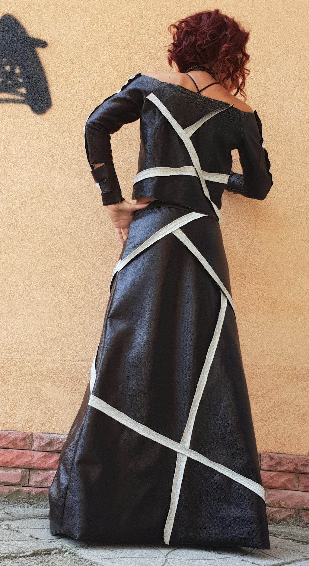 Black Eco-Leather Maxi Skirt, Cropped Long Sleeve Blouse, Contrast Trim Two Piece Co-Ord Set