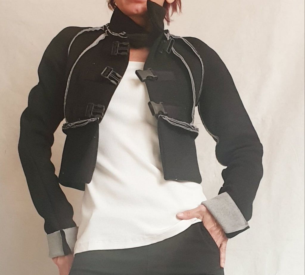 Black Cropped Wool Jacket, High Collar, Buckle Closures, Plus Size Coat, Contrast Seams