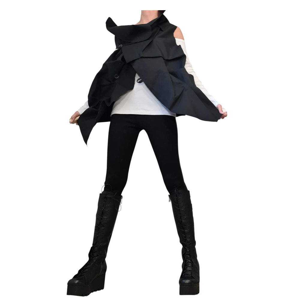 Extravagant Black Denim Vest, Gothic Asymmetric Sleeveless Vest, Designer Avant Garde Jacket