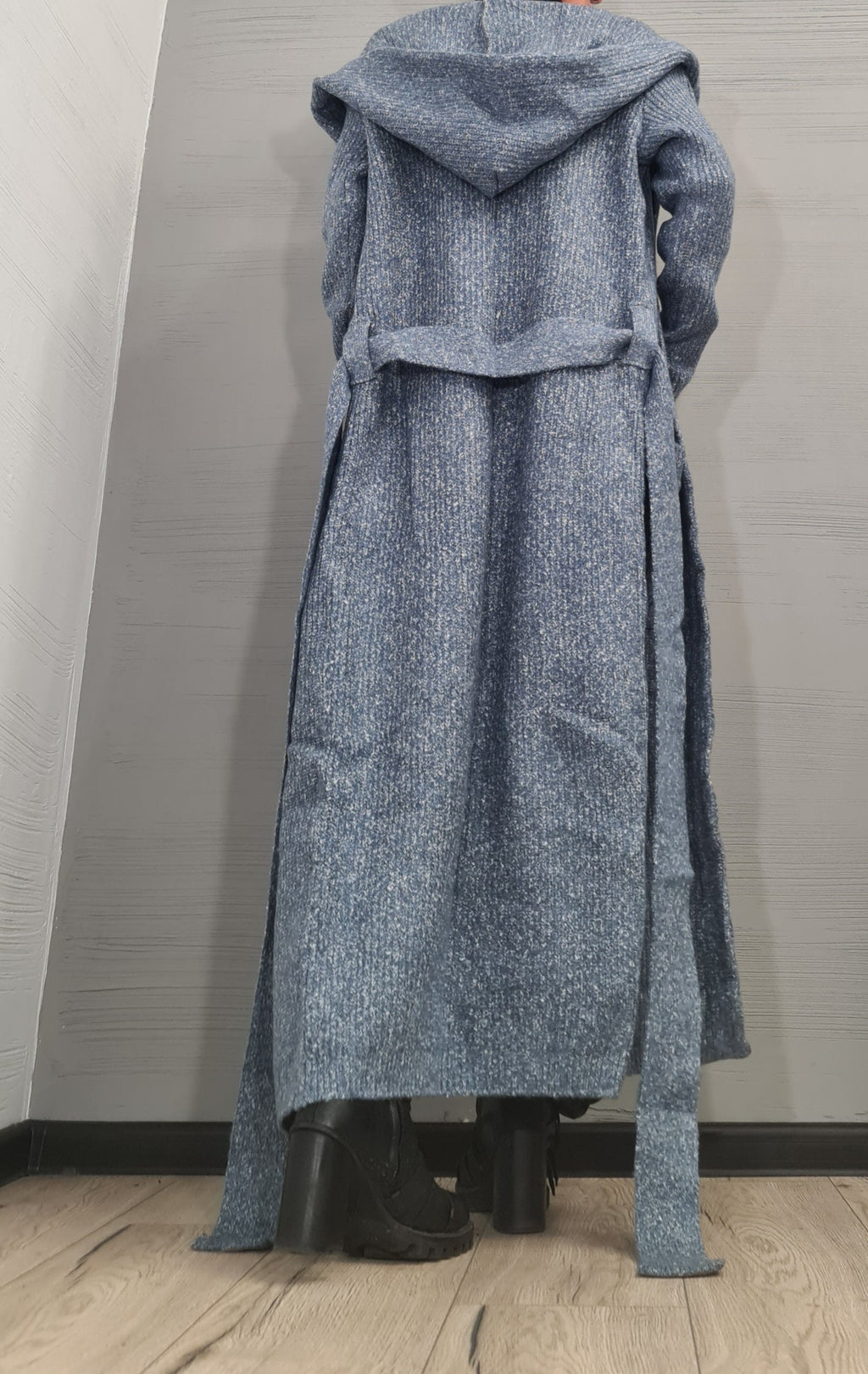 Blue Mohair Hooded Maxi Cardigan, Oversized Knit Cloak, Plus Size Sweater